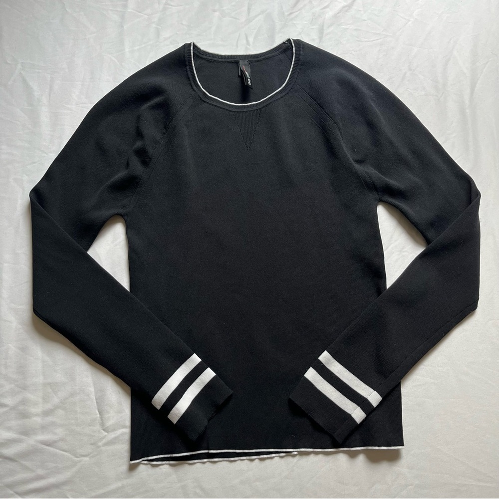 ADAM SELMAN black knit contrast stripe long sleeve raglan top